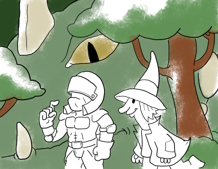 a dangerous dragon looms behind two lost adventurers.